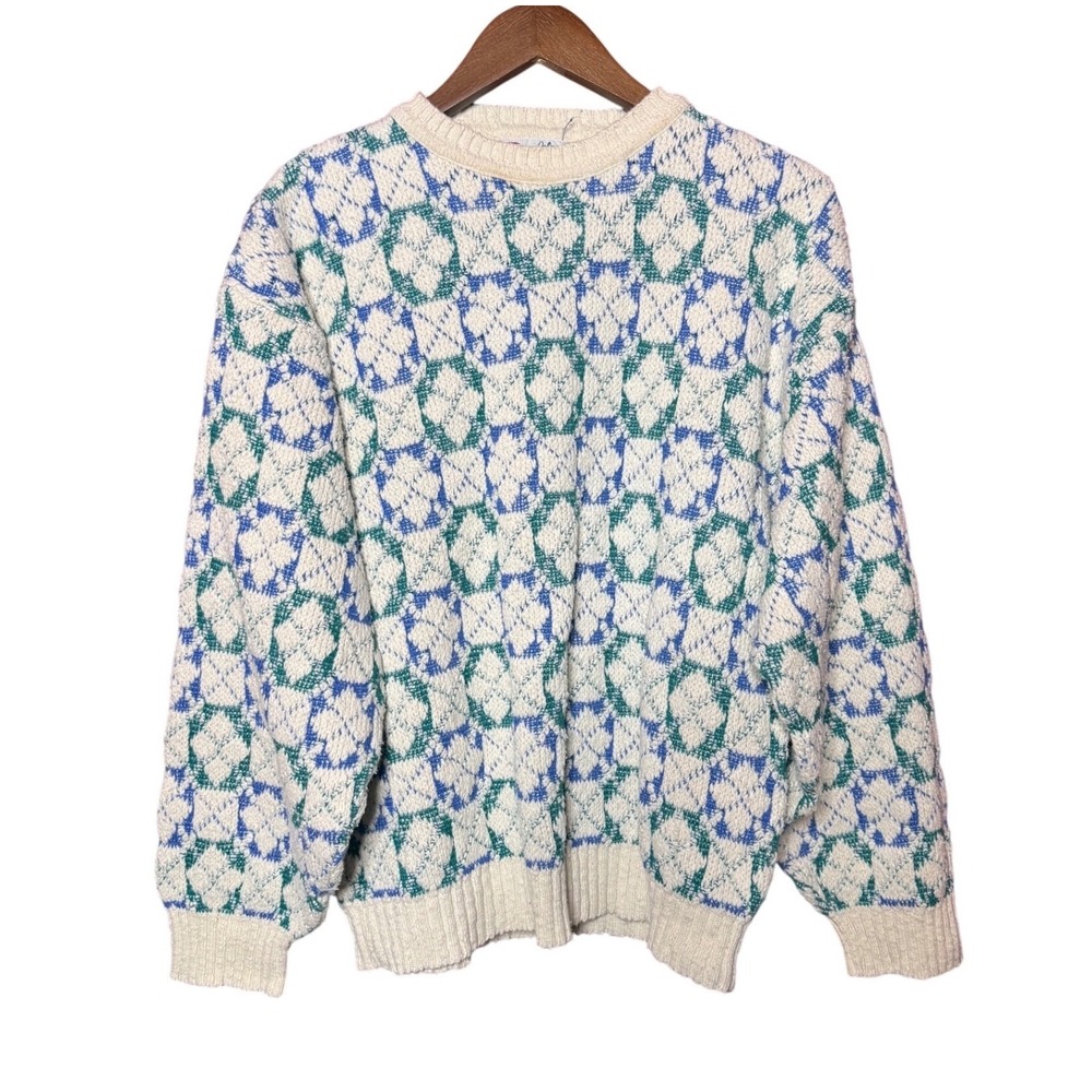 Isle of‎ Cotton Knit Sweater Men Large Blue Green Good Vintage Made in USA